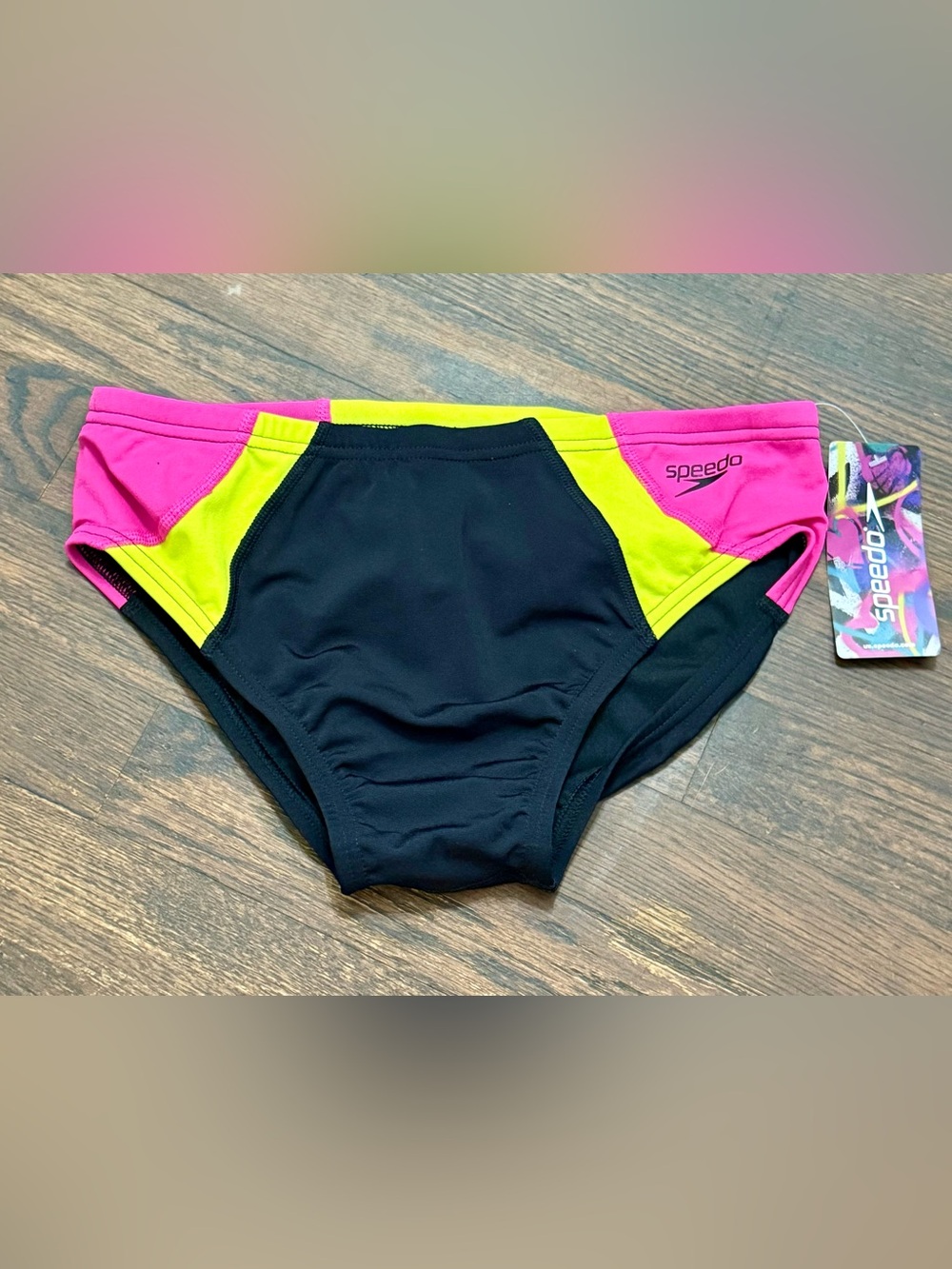 Speedo Black Swim Brief with Hot Pink & Neon Yellow Accents Size 32 NWT